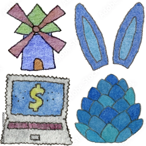 Obraz a drawing of a computer and a house and a windmill and and a dollar sign