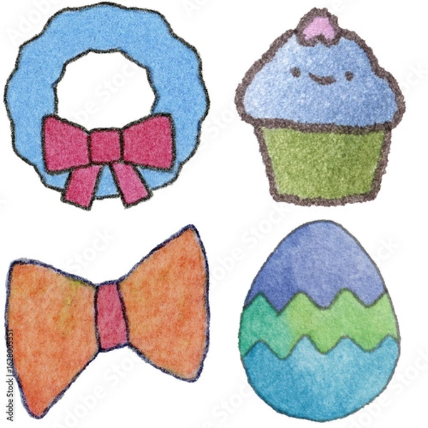 Obraz a drawing of a cupcake and a wreath and a bow tie and and a cupcake