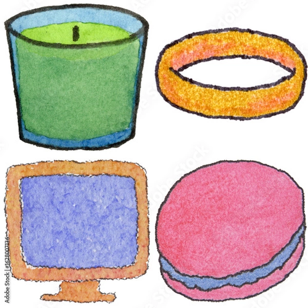 Obraz a drawing of a candle and a candle holder and a ring and and a cookie