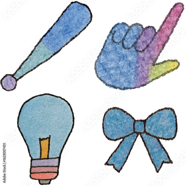 Obraz a drawing of a variety of items that include a baseball bat and glove and glove and light bulb and and a pencil