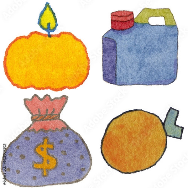 Obraz a drawing of a bag of money and a bag of oranges and a bag of money and and a candle