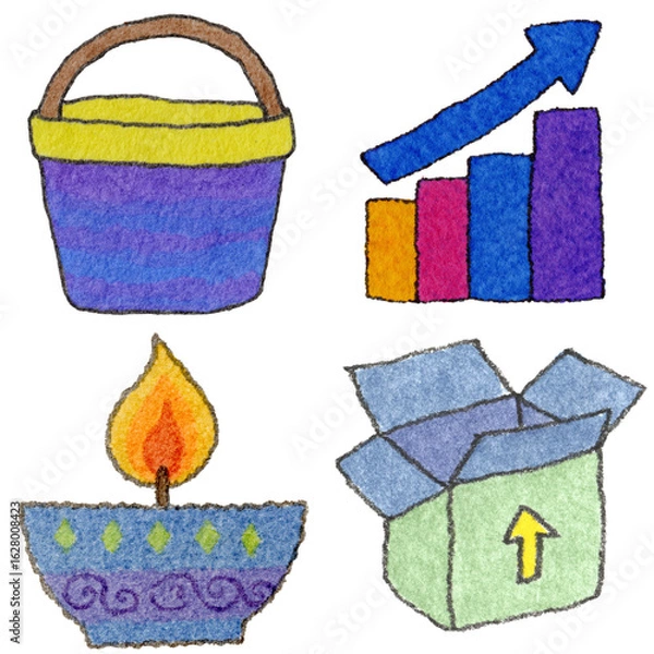 Obraz a drawing of a bucket and candle and and other items