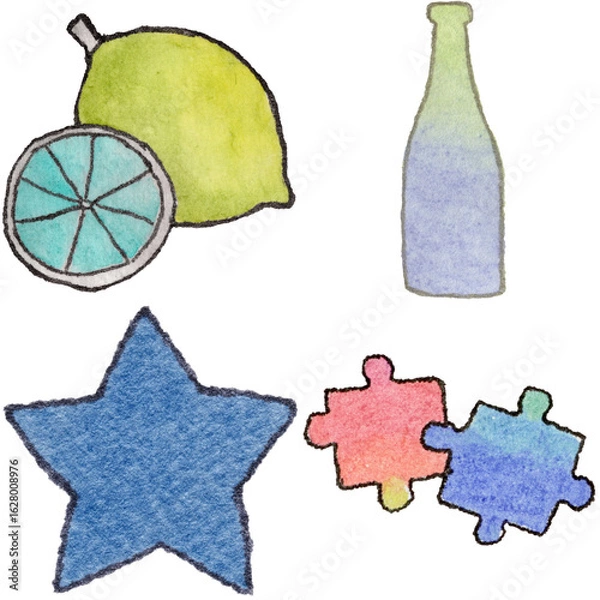 Obraz a drawing of a bottle and a lemon and a star and a puzzle piece and and a bottle