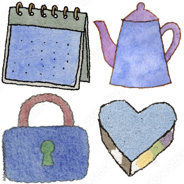 Obraz a drawing of a teapot and a purse and a calendar and and a heart