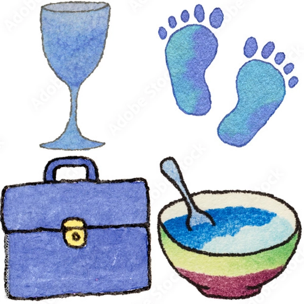 Obraz a drawing of a lunch set with a briefcase and bowl and and foot prints