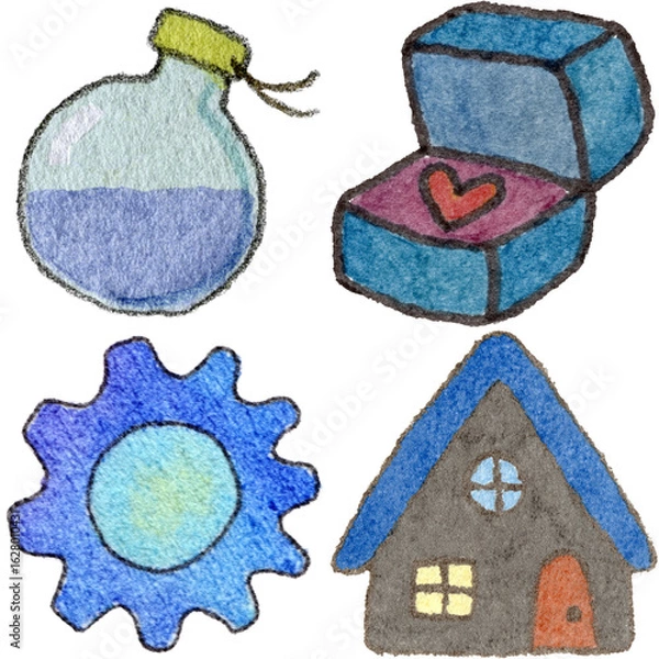 Obraz a drawing of a house and a box and a house and a flower and a bottle and and a heart