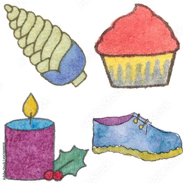 Obraz a drawing of a cupcake and a candle and a shoe and and a candle