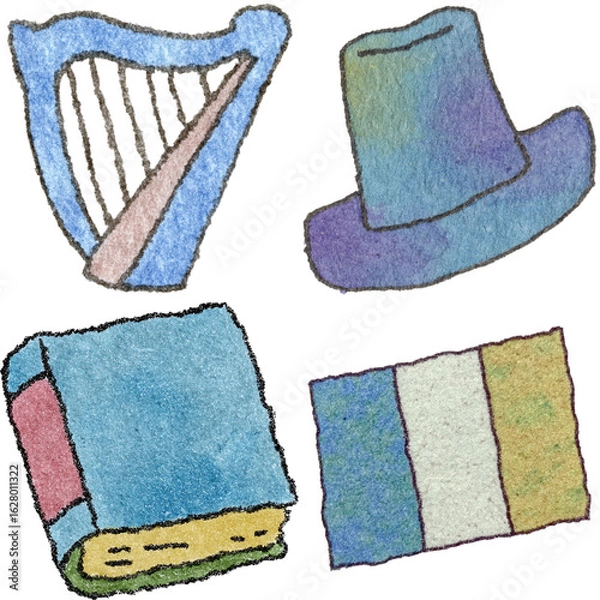Obraz a drawing of a hat and a harp and a book and and a hat