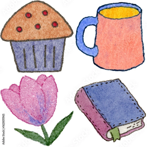 Obraz a drawing of a cupcake and muffin and a book and a flower and a cupcake