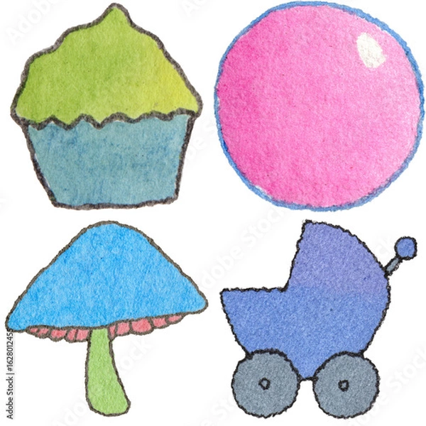 Obraz a drawing of a baby carriage and a cupcake and a balloon and and a stroller