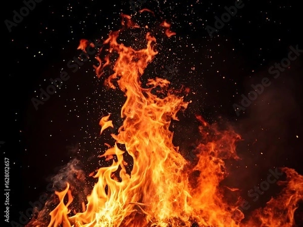 Fototapeta Photo of burning flames creating a fiery inferno with heat and energy, showcasing the power and danger of combustion in the dark night with sparks and smoke