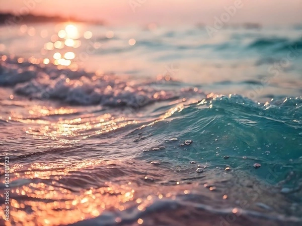 Fototapeta Photo of a breathtaking view of gentle waves lapping on the shore during a vibrant sunset, casting a warm golden glow over the tranquil sea and sandy beach