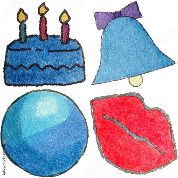 Obraz a drawing of a cake and a bell and a cake with candles and a blue ball