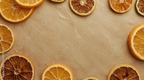 Fototapeta Dried Citrus Slices on Textured Beige Paper Background
