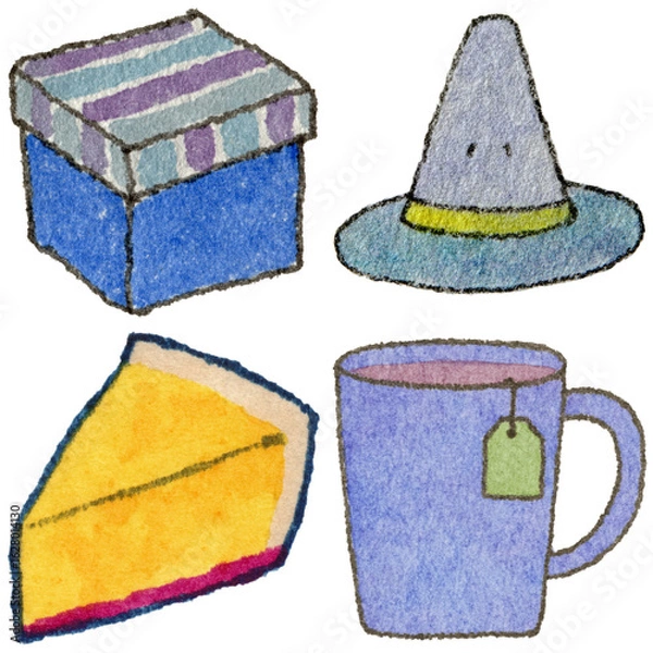 Obraz a drawing of a cup and a box and a hat and and a tea bag