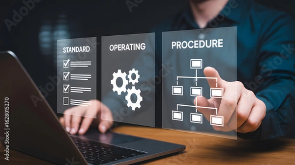 Fototapeta Business professional interacting with digital interface displaying standard operating procedures and workflow diagrams for efficient process management and strategic planning