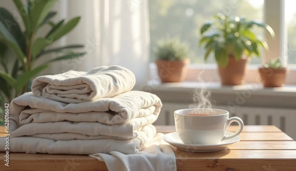 Fototapeta Bright sunlight streams through a window, highlighting neatly stacked white towels beside a warm cup of tea. Green plants in pots create a tranquil atmosphere, perfect for relaxation