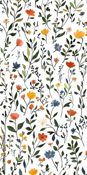 Fototapeta A pattern made of many very tiny wildflowers and leaves on a white background