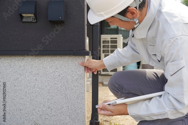 Fototapeta 住宅の基礎部分をチェックする男性