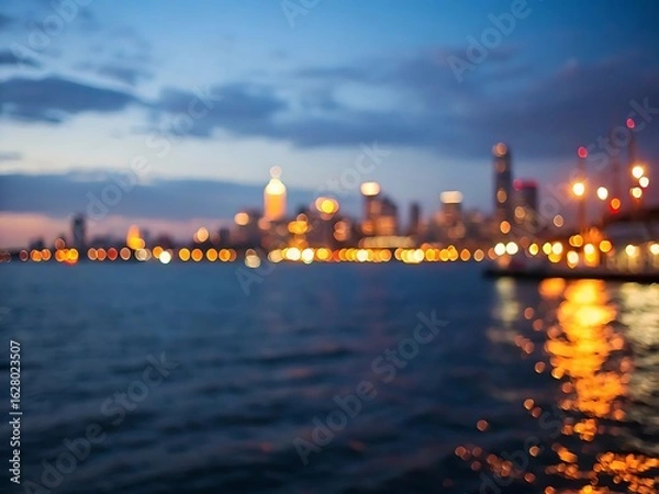 Fototapeta Photo of blurred cityscape at night with lights reflecting on the water, creating a dreamy and abstract scene of the urban skyline in the evening twilight