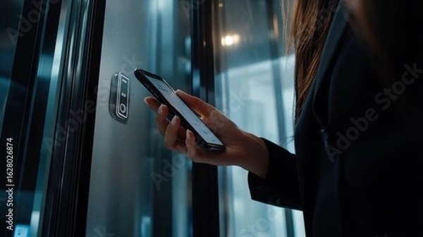 Fototapeta A close-up shot of a woman hand is holding an smartphone, she is trying to enter the building with the code or face or finger ID