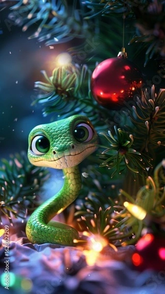 Fototapeta Green little snake is sitting by the Christmas tree, in the style of iconic pop culture caricatures, cute and dreamy