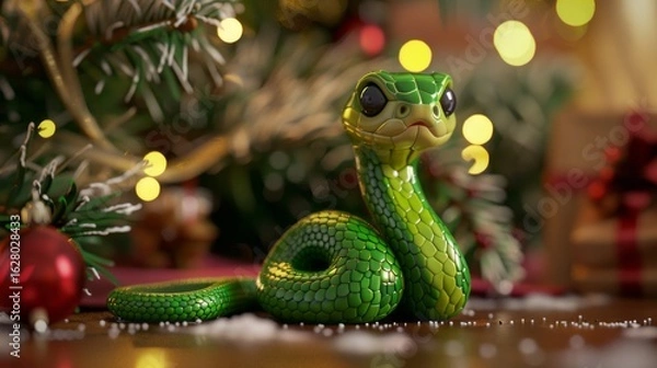 Obraz Green little snake is sitting by the Christmas tree, in the style of iconic pop culture caricatures, cute and dreamy