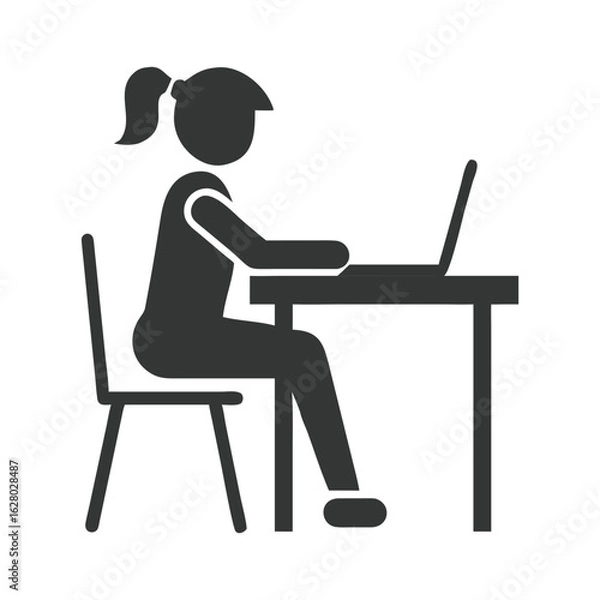 Fototapeta Minimal flat black icon of a woman at office desk working on a laptop vector illustration on white background. Great for HR, business apps, and company visuals.
