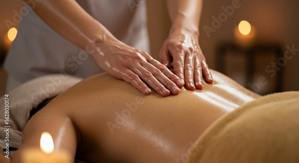 Fototapeta Closeup of a person receiving a back massage with visible oil on skin and hands in a candlelit spa