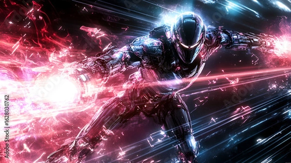 Fototapeta Robotic figure in armor projects energy in a cosmic setting