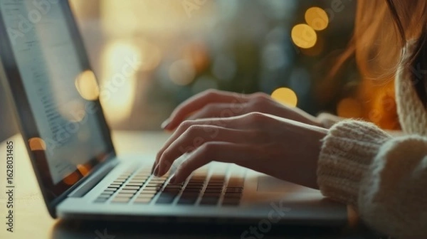 Fototapeta Close up, woman hand typing on laptop computer keyboard. Business woman online working on laptop computer, surfing the internet, searching the information at home office