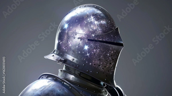 Fototapeta "A knight’s helmet with a visor that reveals a galaxy of swirling vector stars