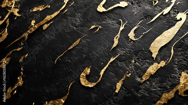 Fototapeta Black textured surface with gold leaflike patterns