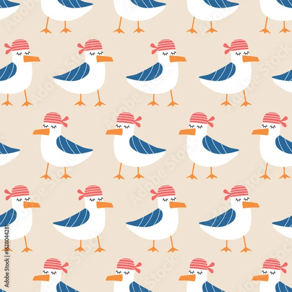 Fototapeta Adorable seagull in a red bandana hand drawn vector illustration. Funny birds seamless pattern for kids fabric.	