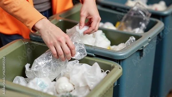 Obraz Person thoughtfully segregates soft plastics by hand into a household recycling container.