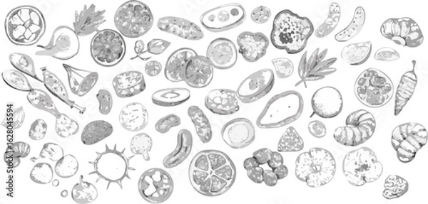 Fototapeta Monochrome watercolor illustration featuring a diverse assortment of sliced fruits and vegetables spread out