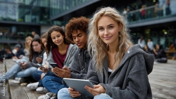 Fototapeta Students using devices during break