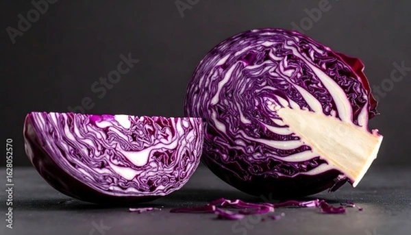 Fototapeta Fresh purple cabbage cut in halves displayed on a dark surface highlighting vibrant textures and colors.