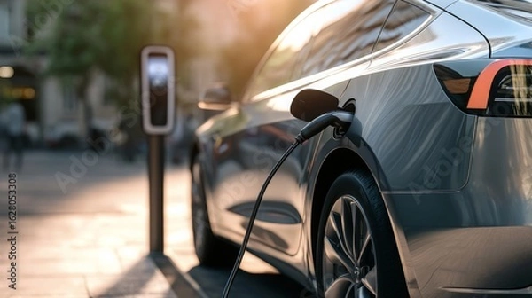 Fototapeta A sleek electric vehicle charging at a station, showcasing modern design and sustainable technology in an urban environment.