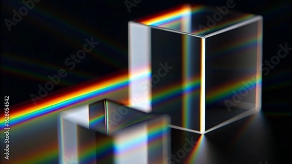 Fototapeta Refractive Matrix – Dual Transparent Prisms Splitting Rainbow Light on Dark Surface
