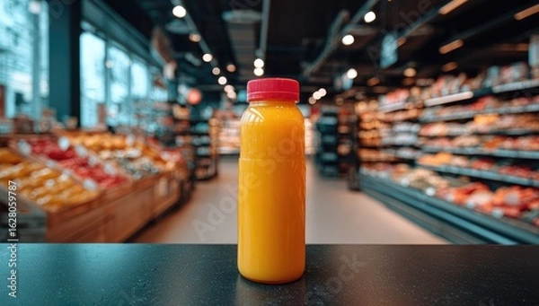 Fototapeta Orange juice bottle on store counter