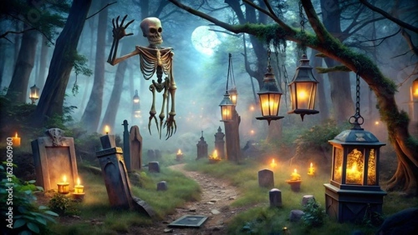 Fototapeta Spooky halloween graveyard scene at night with a skeleton hanging from a tree and glowing lanterns and candles