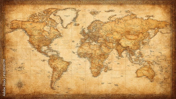 Obraz Vintage world map with aged parchment texture, detailed cartography in warm sepia tones for an antique aesthetic.