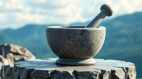 Fototapeta A rustic stone mortar and pestle rests on a weathered stone pedestal overlooking a scenic mountain vista.