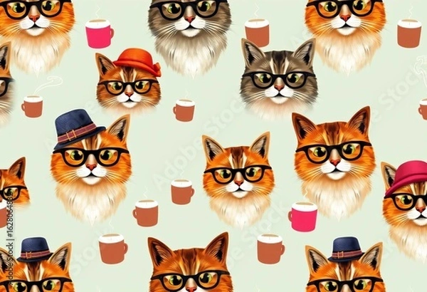 Fototapeta Hipster cats with coffee cups, hats, and glasses in a repeating seamless pattern, whiskers, cat
