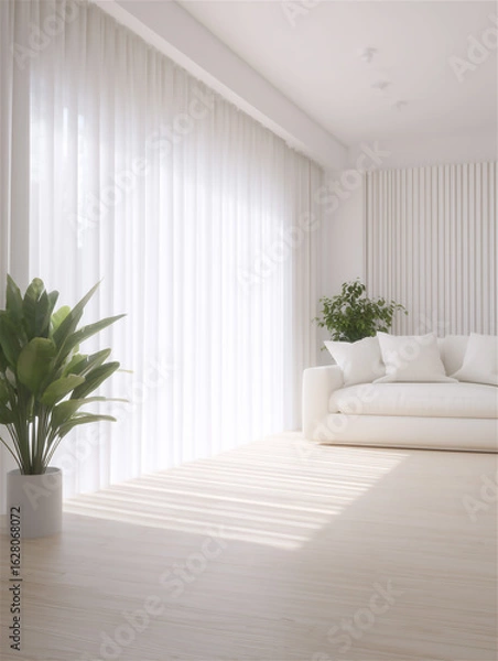 Fototapeta 白いカーテンと観葉植物のリビング背景