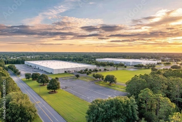 Obraz Aerial view of two large warehouses at sunset