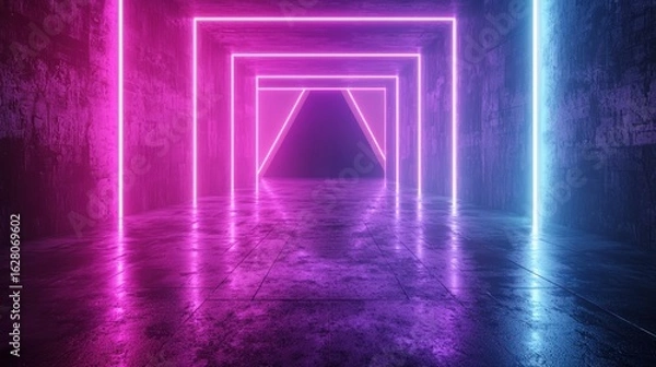 Fototapeta 3d technology abstract neon light background, empty space scene, spotlight, dark night, virtual reality, cyber futuristic sci-fi background, street floor studio for mock up. colored geometric