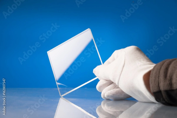 Fototapeta Bulletproof glass in the laboratory of optics. Checking the optical properties of tempered glass