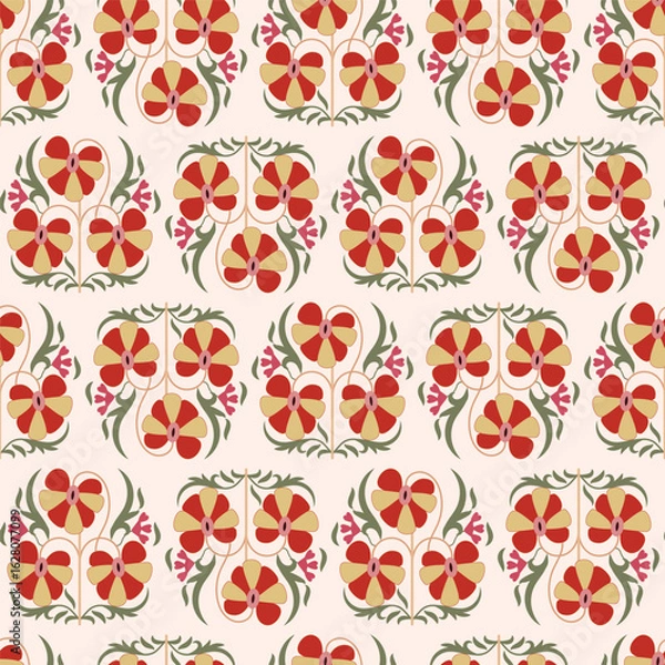 Fototapeta Cute digital pattern based on suzani carpet - traditional textile product in Uzbekistan. Seamless digital ornament.